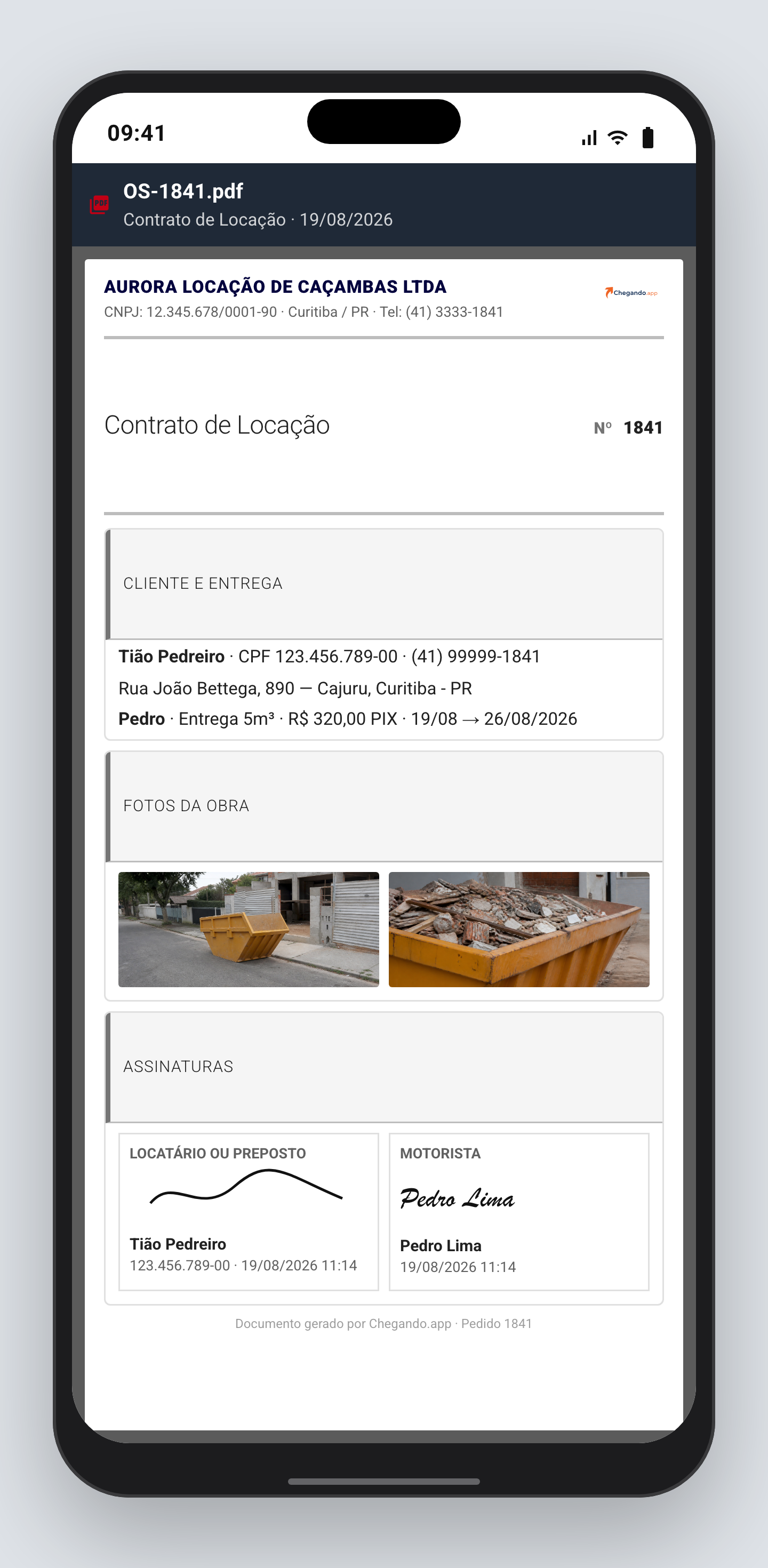 Ordem de serviço em PDF com os dados do cliente e da entrega, as fotos da caçamba na obra e as assinaturas do cliente e do motorista