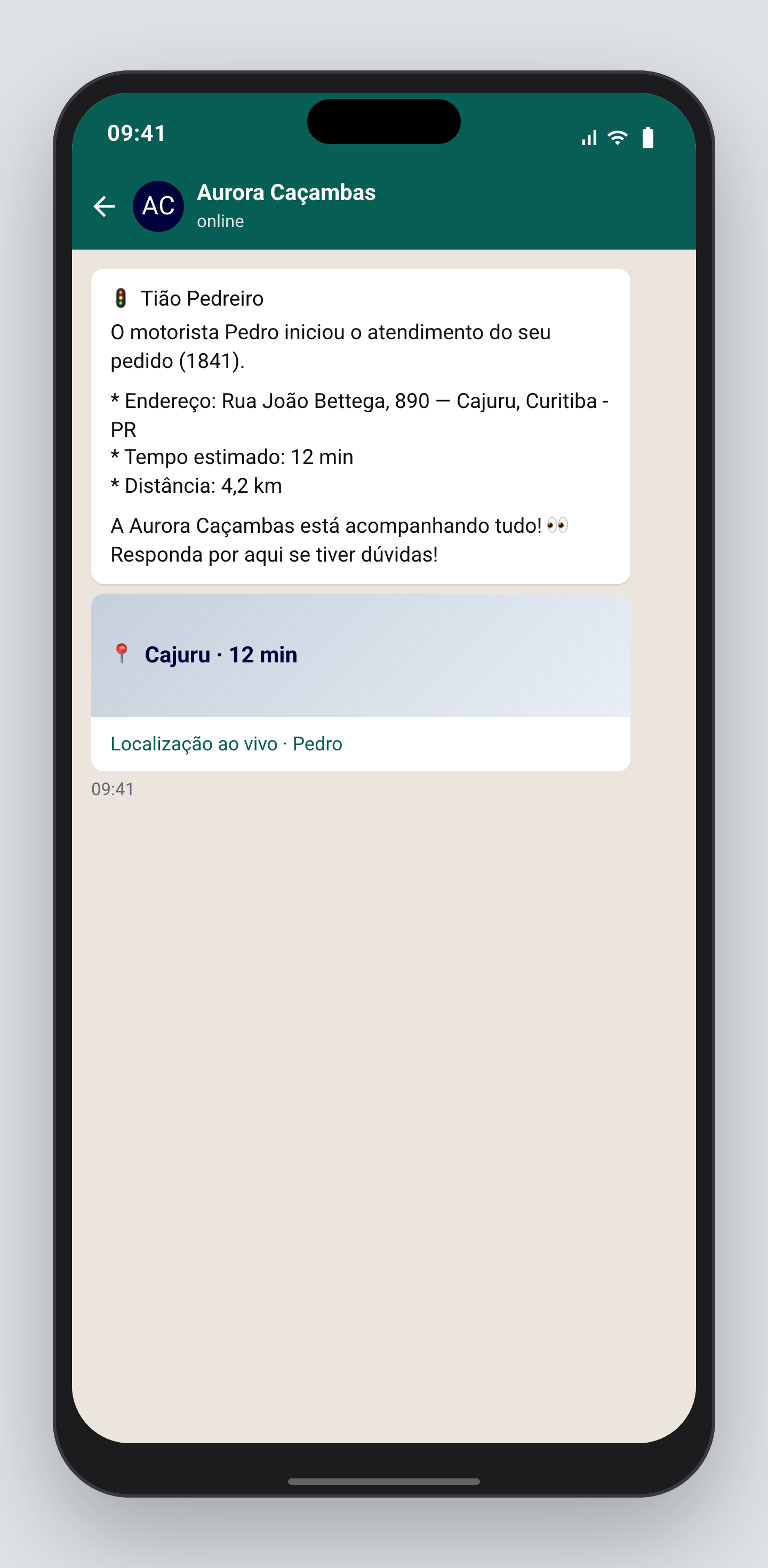 Mensagem de WhatsApp avisando o cliente que o motorista iniciou o atendimento do pedido, com o endereço da obra