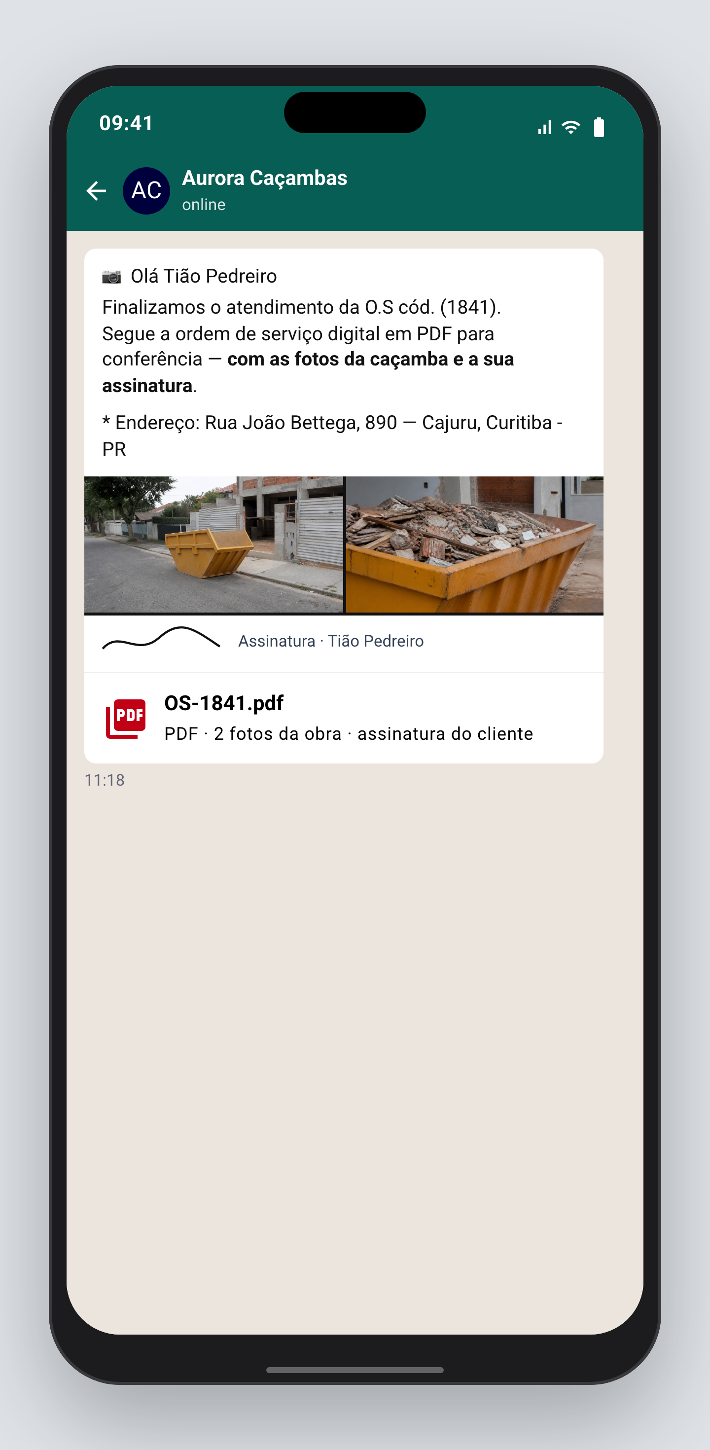 Mensagem de WhatsApp com a ordem de serviço em PDF e as fotos da caçamba na obra