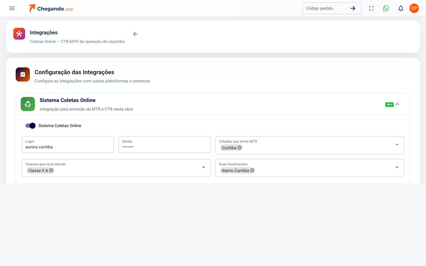 Tela de integrações do painel com o Sistema Coletas Online ligado: login, senha, cidades que emitem MTR, classes atendidas e destinações