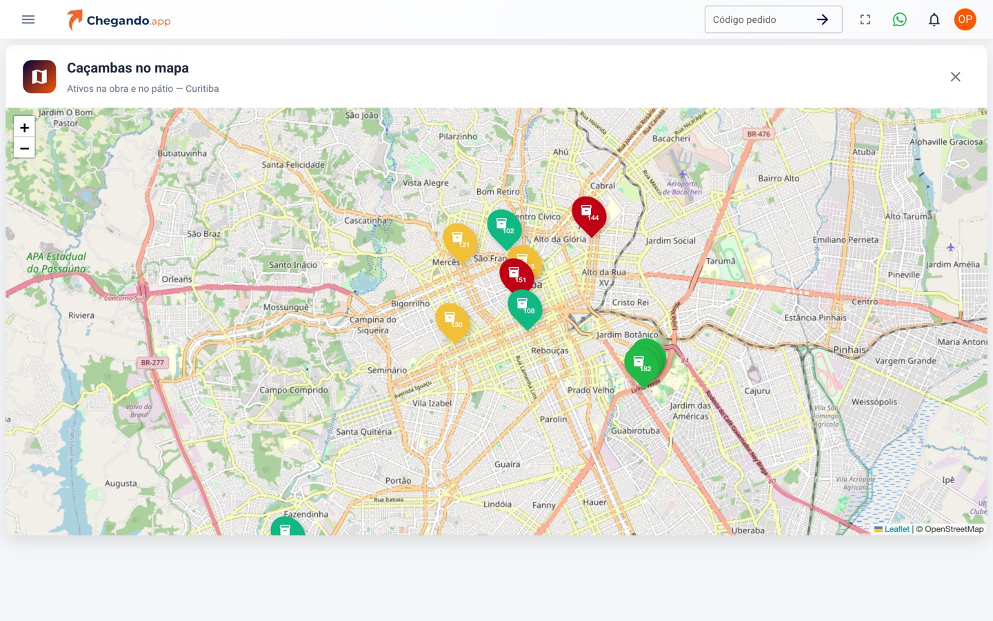 Mapa de Curitiba com as caçambas marcadas pelo código nos endereços onde estão