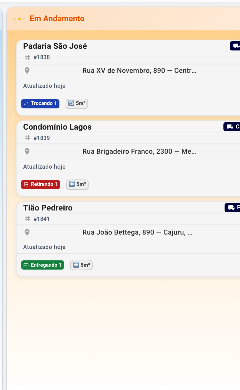 Quadro de pedidos de caçamba com as colunas agendado, em andamento e finalizado