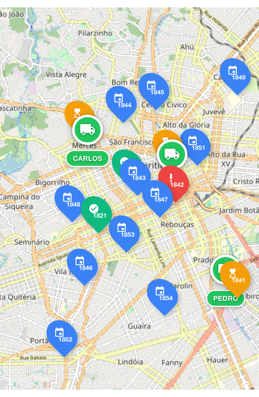 Mapa da cidade com os pedidos de caçamba do dia, cada um na cor da sua situação, e os caminhões dos motoristas com GPS ligado