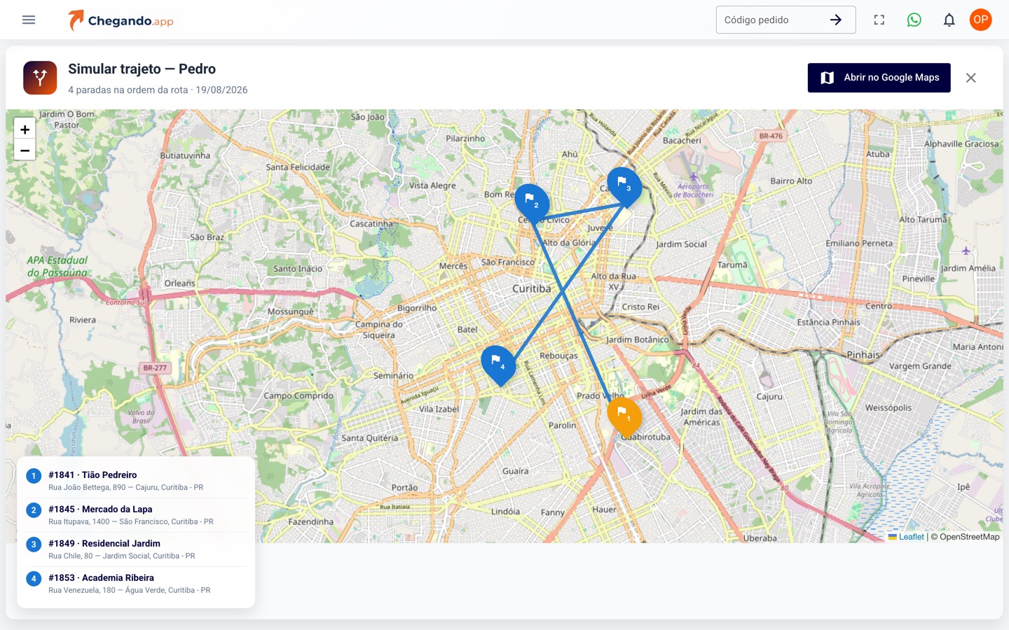 Mapa com o trajeto de um motorista e as paradas numeradas na ordem da rota