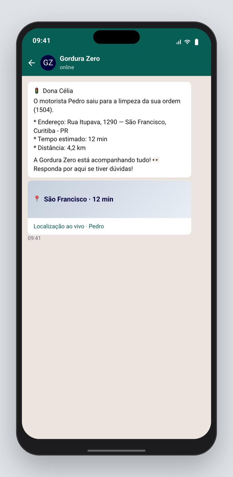 A Dona Célia recebe no WhatsApp quando o Pedro sai, com o endereço.