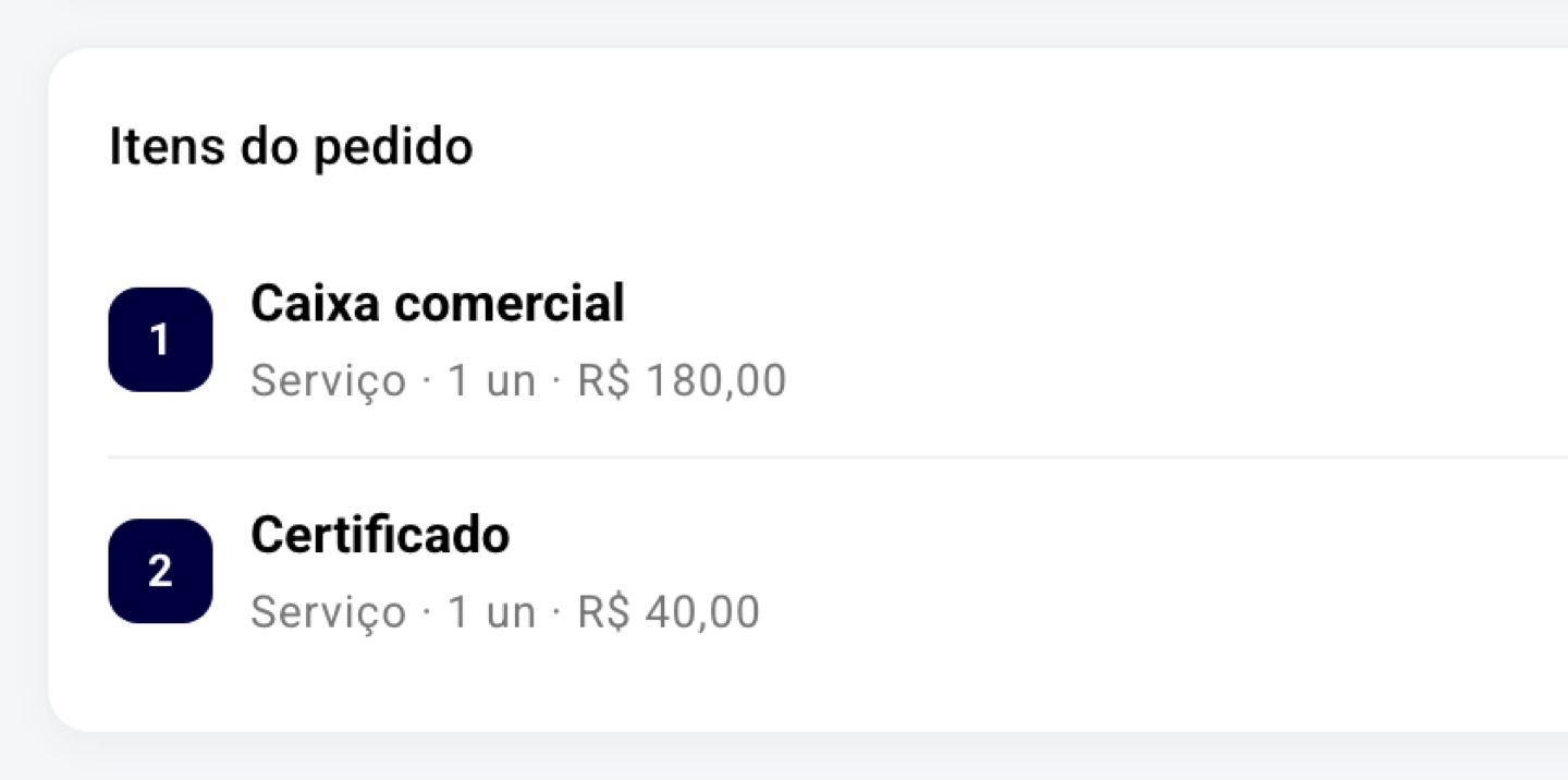 A ordem nova leva os itens: caixa comercial e certificado.