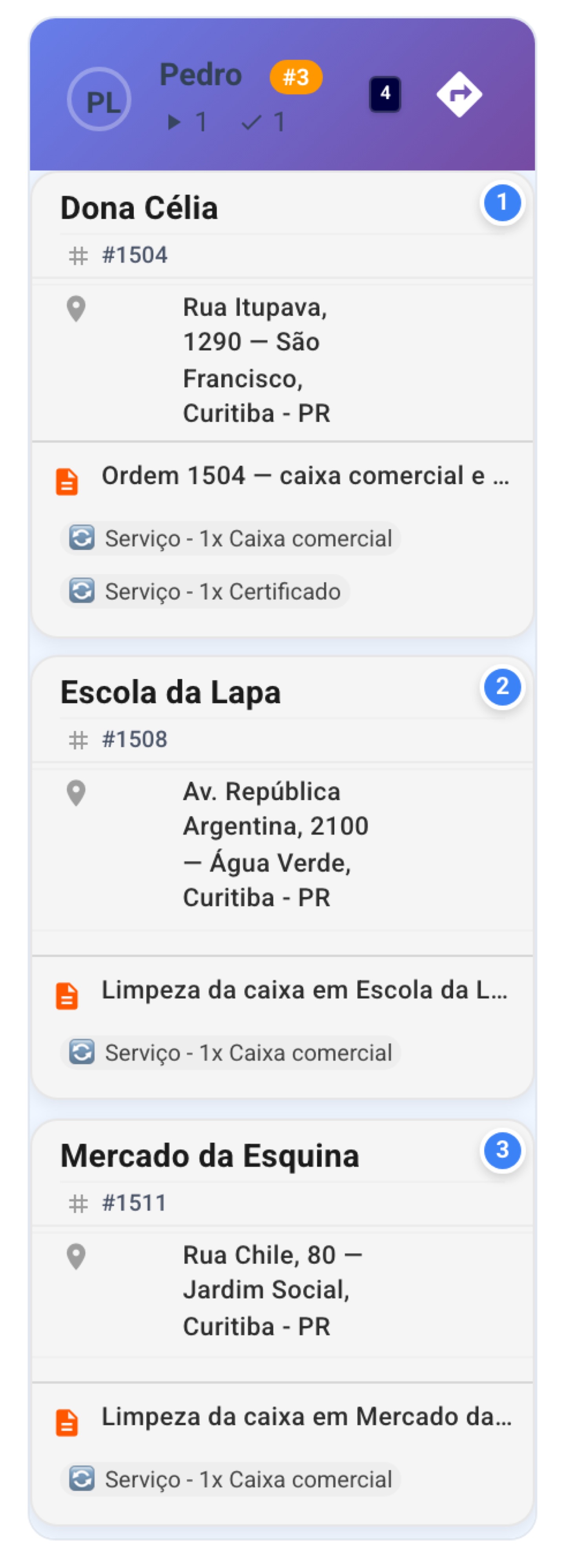 Você confirma a rota no painel e o pedido já aparece na sequência do motorista.