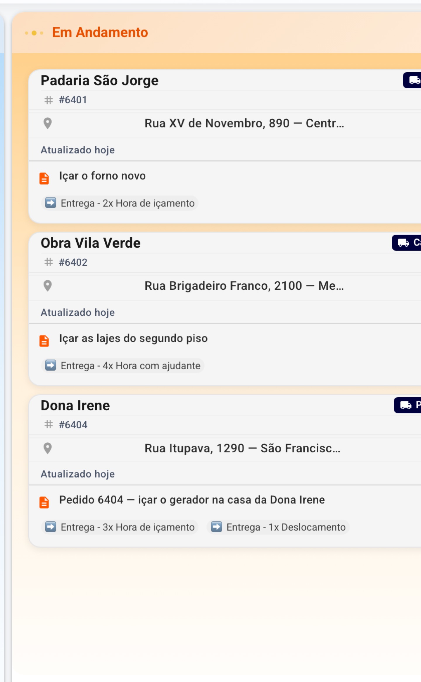 O quadro do dia mostra o que está agendado, o que anda e o que já terminou — com hora de içamento, não com metro cúbico de caçamba.
