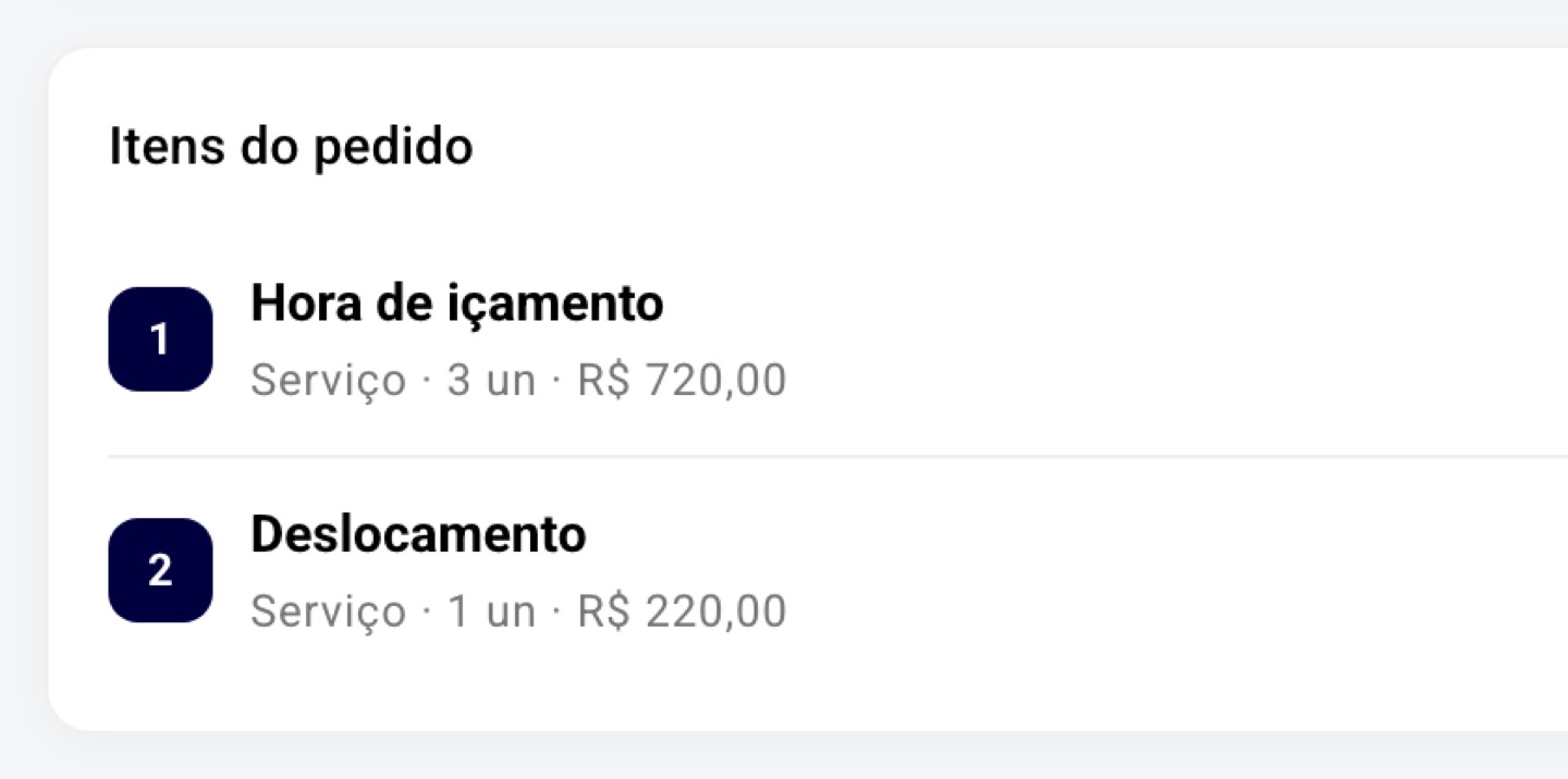 O pedido novo leva os itens: hora de içamento.