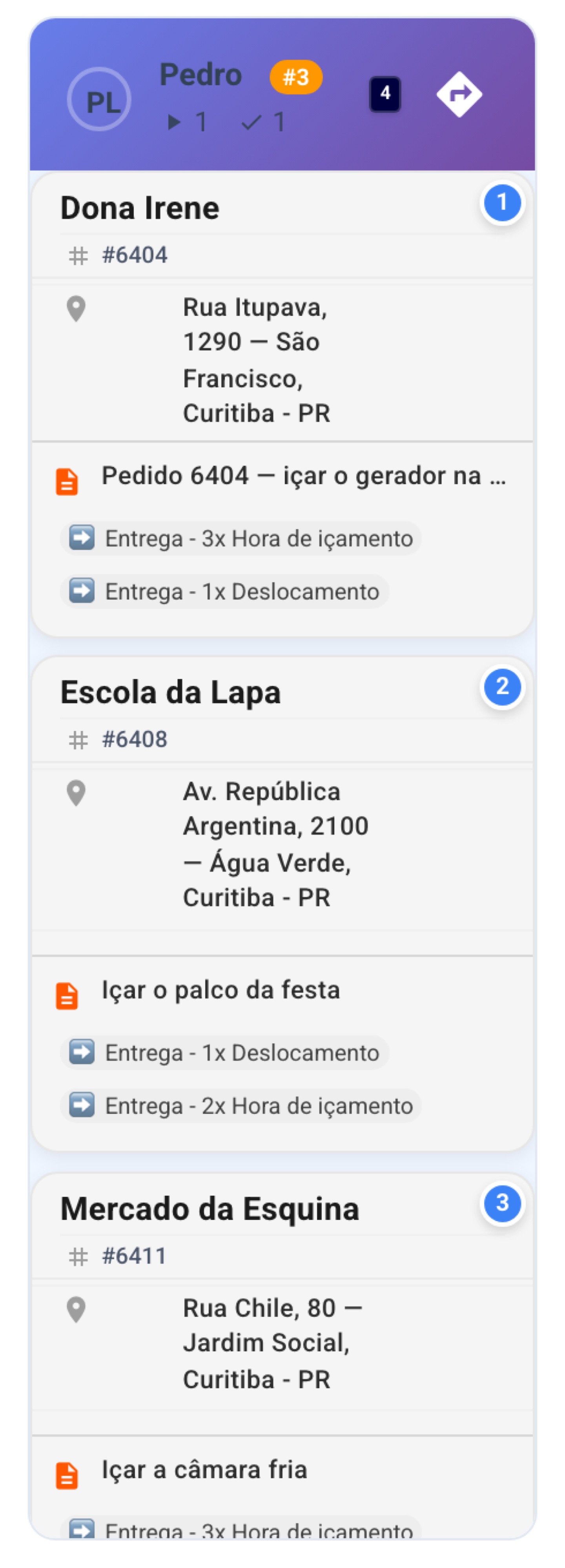 Você confirma a rota no painel e o pedido já aparece na sequência do motorista.