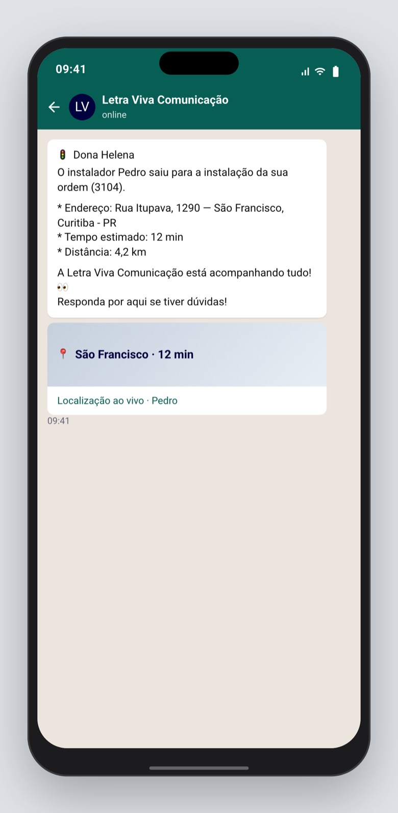 A Dona Helena recebe no WhatsApp quando o Pedro sai, com o endereço.