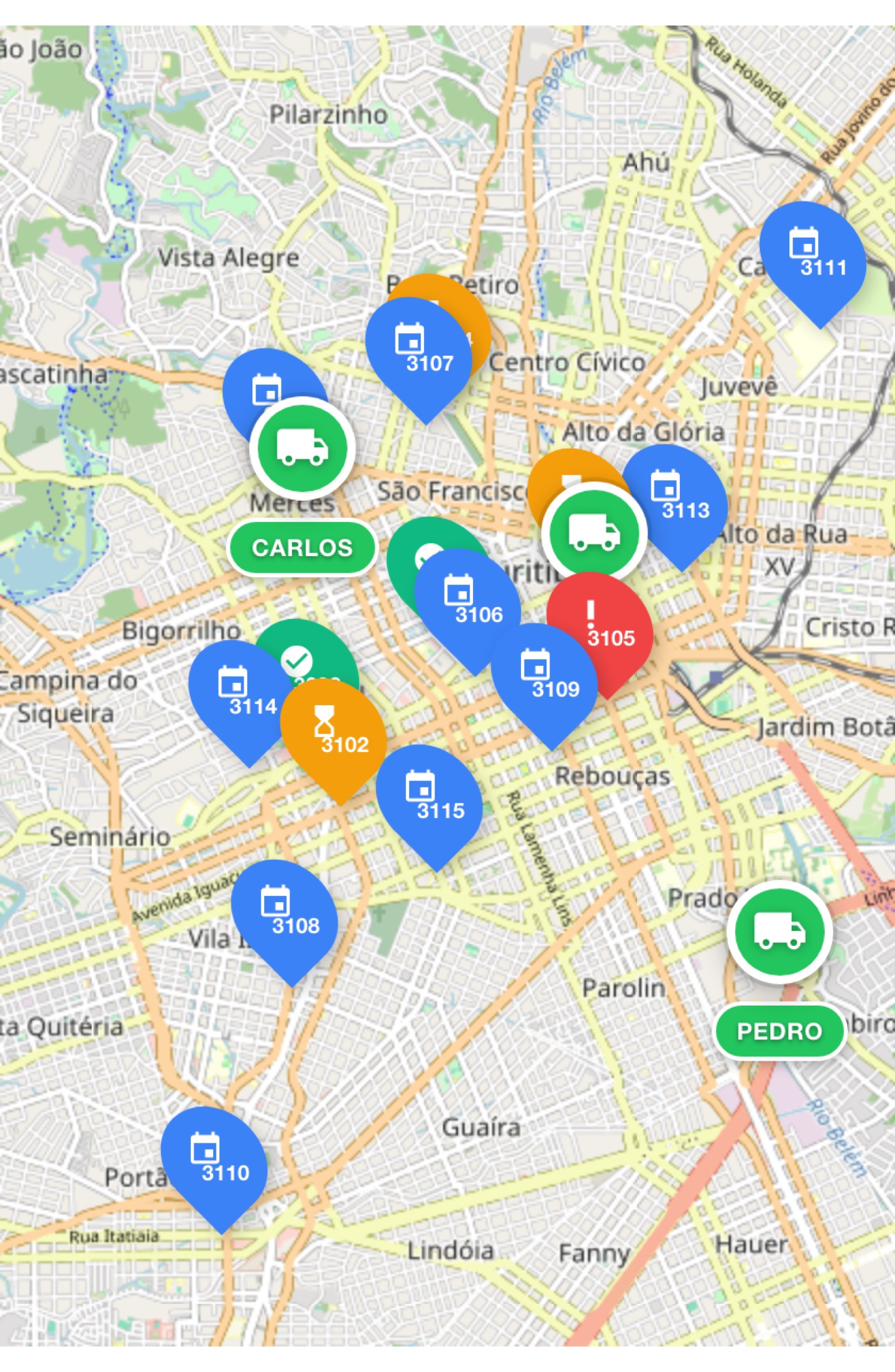 As ordens do dia aparecem no mapa, para você ver em que parte da cidade está cada endereço. Com o GPS ligado, que é opcional, os instaladores também aparecem.