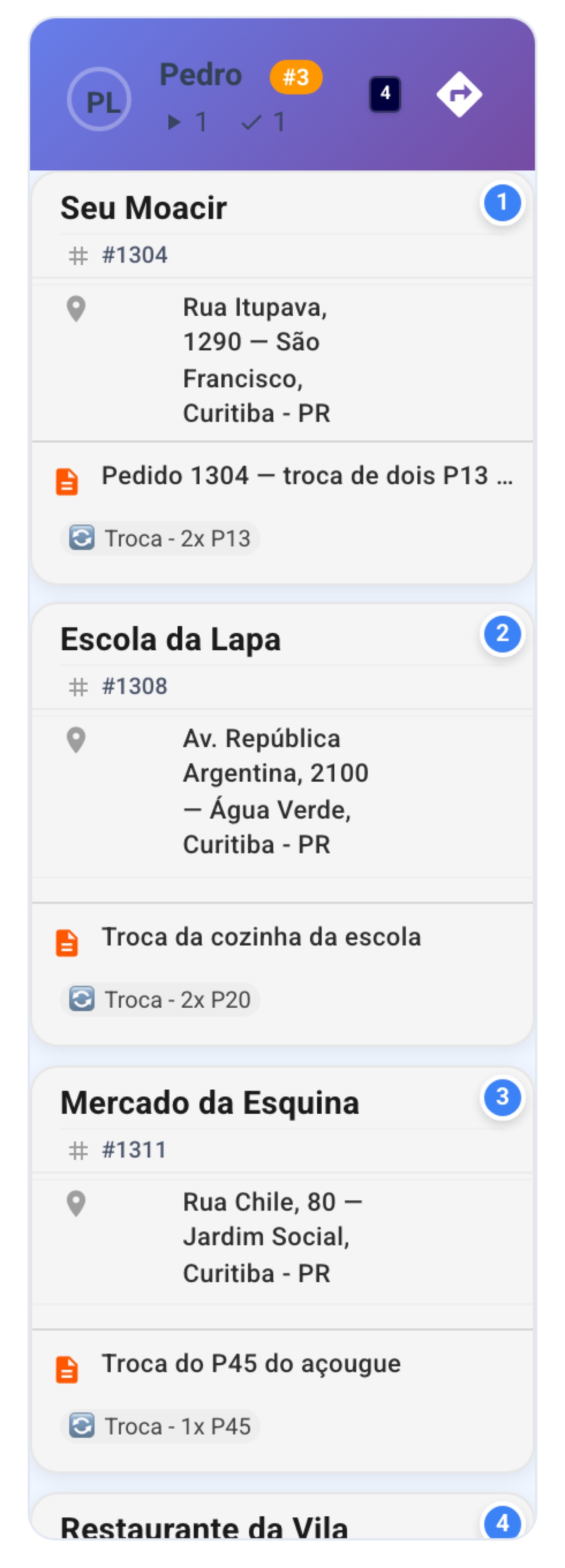 Você confirma a rota no painel e o pedido já aparece na sequência do motorista.
