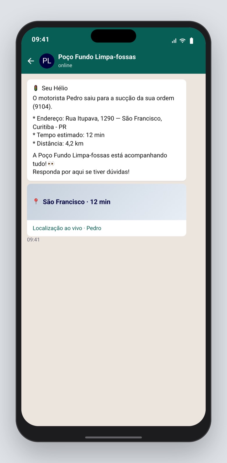 O Seu Hélio recebe no WhatsApp quando o Pedro sai, com o endereço.