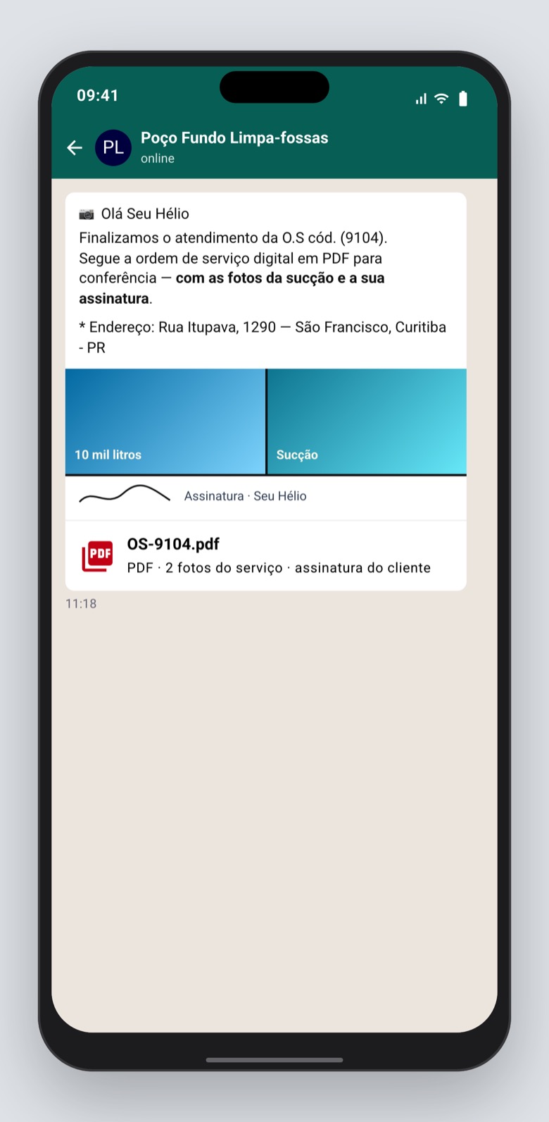 No fim, o Seu Hélio recebe a ordem de serviço em PDF, com as fotos.