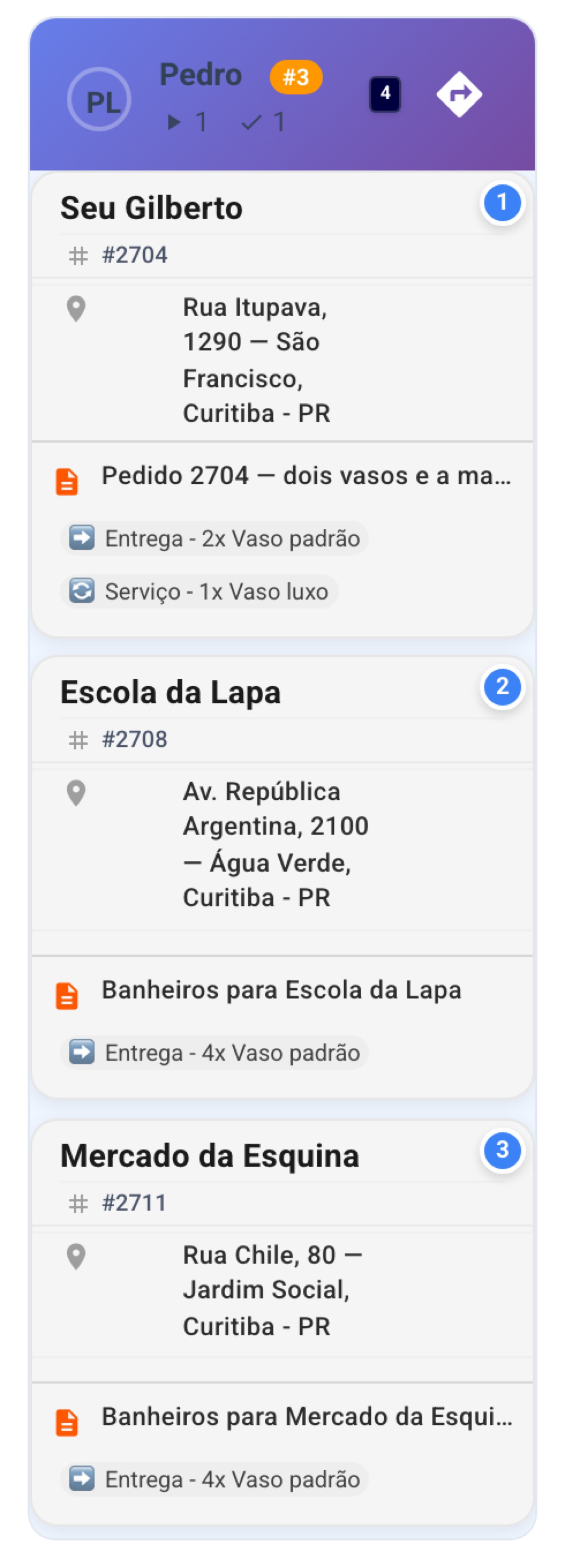 Você confirma a rota no painel e o pedido já aparece na sequência do motorista.