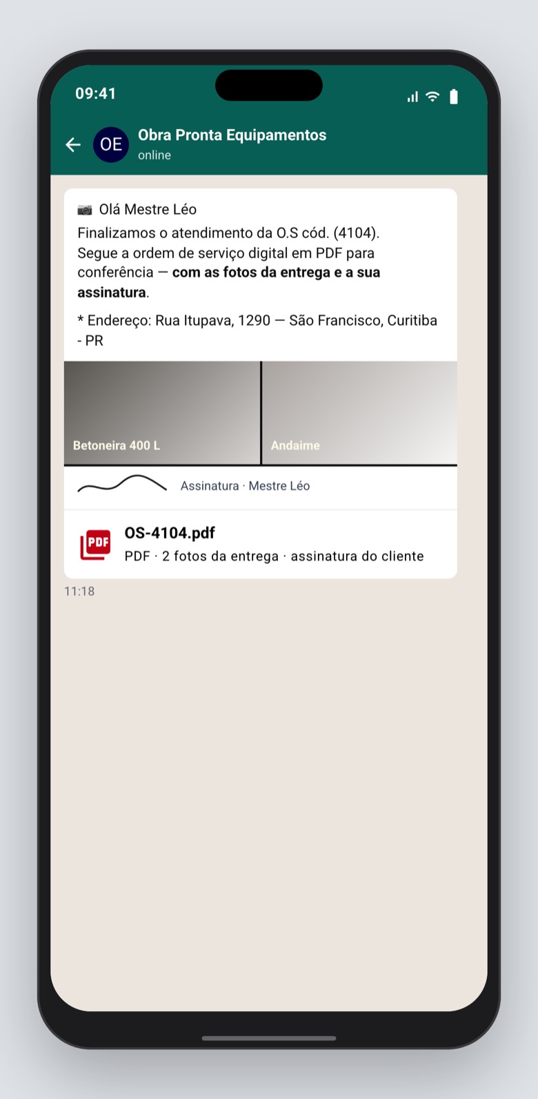 No fim, o Mestre Léo recebe a ordem de serviço em PDF, com as fotos.