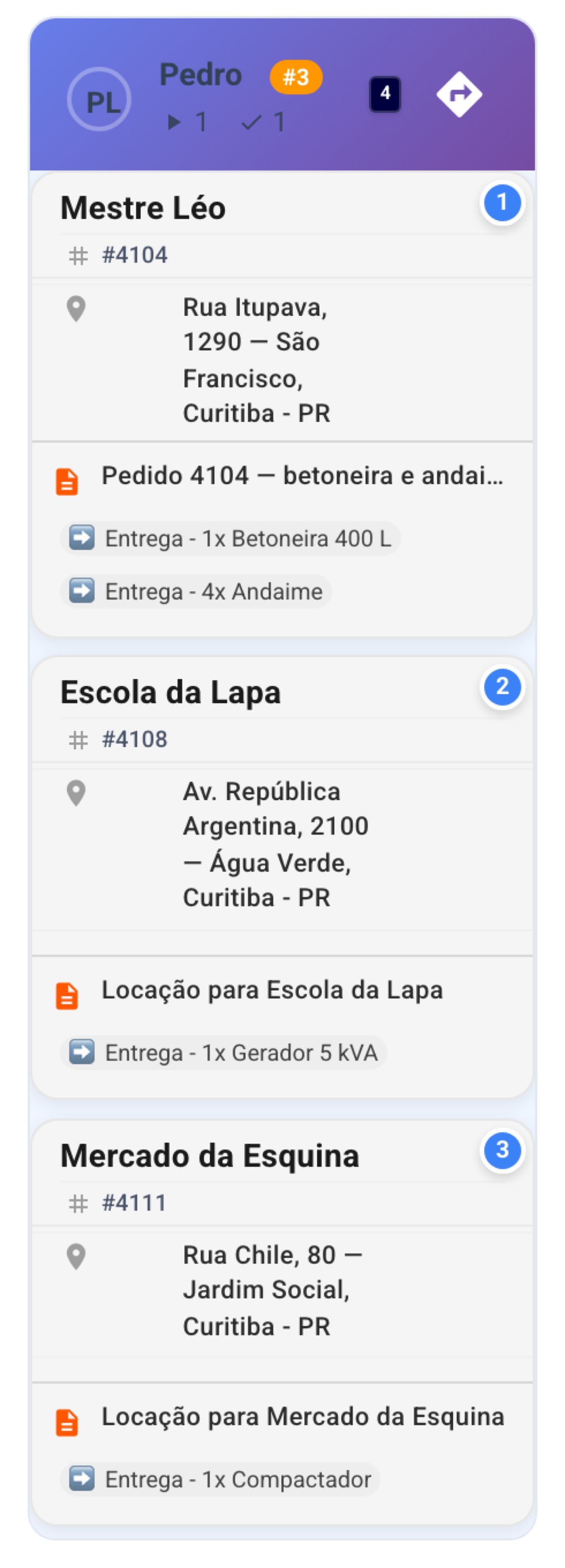 Você confirma a rota no painel e o pedido já aparece na sequência do motorista.