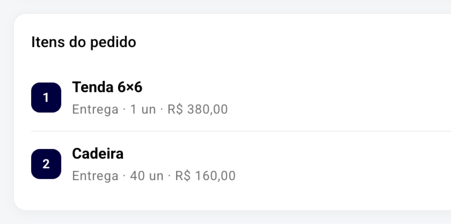 O pedido novo leva os itens: tenda 6×6 e cadeiras.