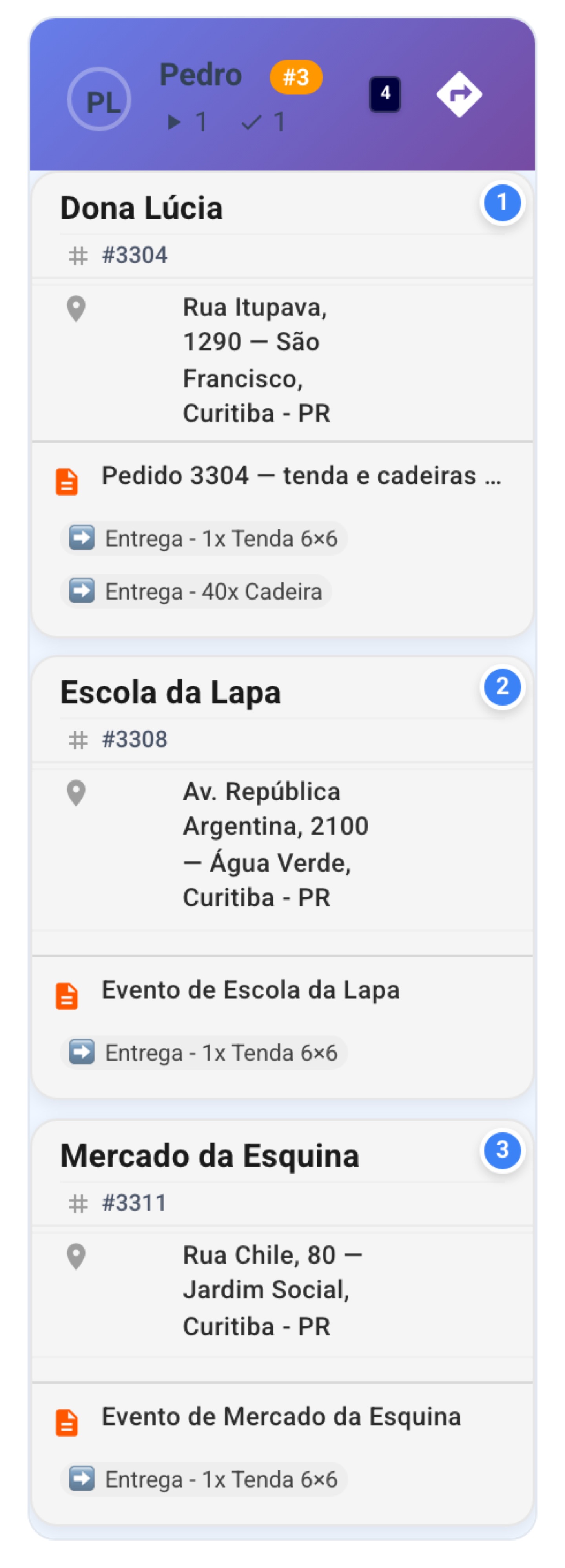 Você confirma a rota no painel e o pedido já aparece na sequência do motorista.