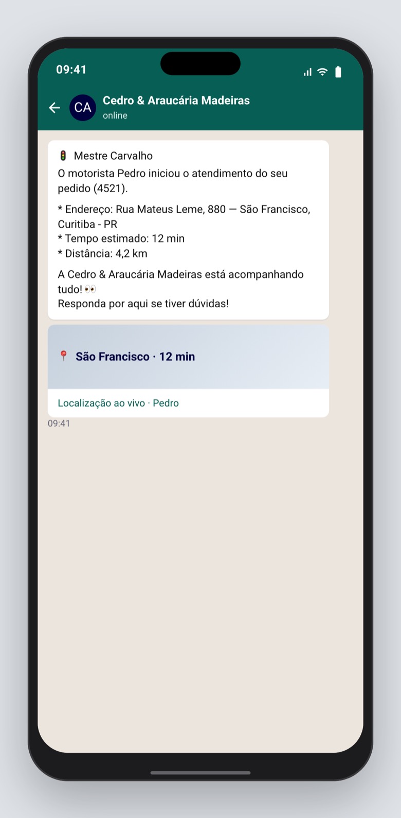 O Mestre Carvalho recebe no WhatsApp quando o Pedro sai, com o endereço.