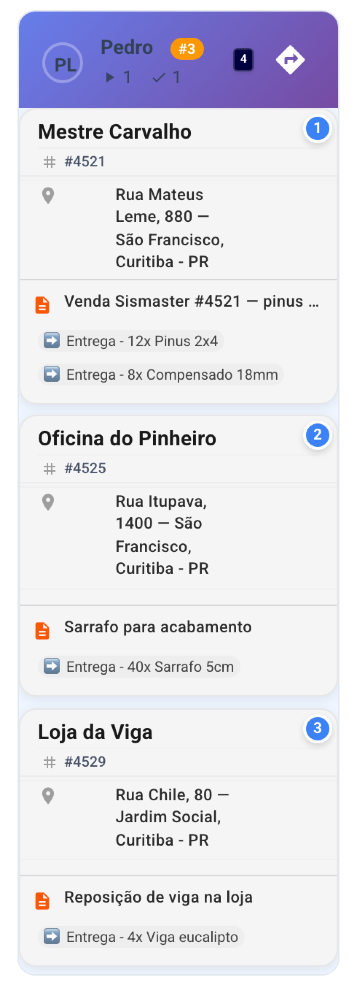 Você confirma a rota no painel e a ordem já aparece na sequência do motorista.