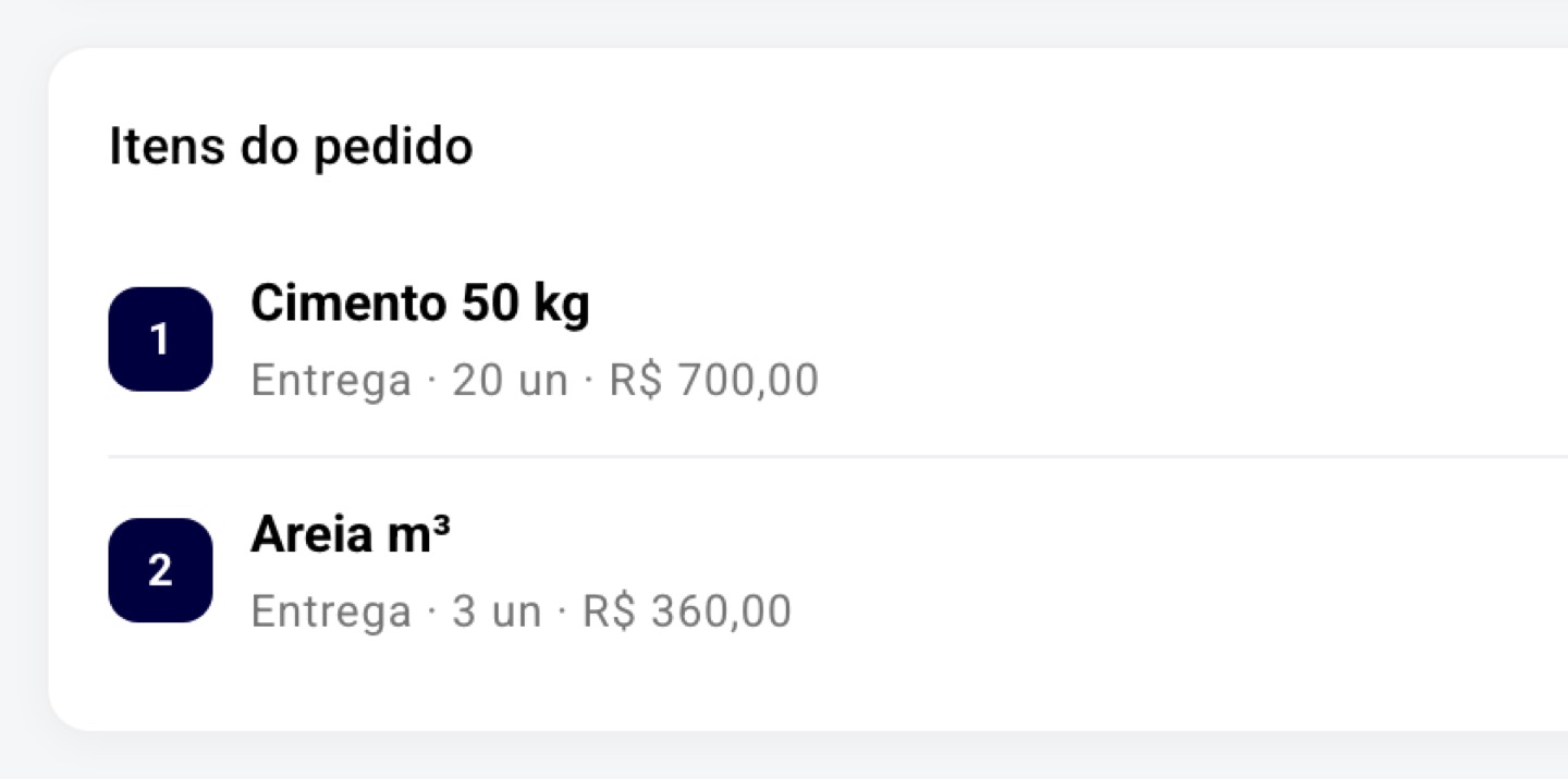 O pedido novo leva os itens: cimento e areia.