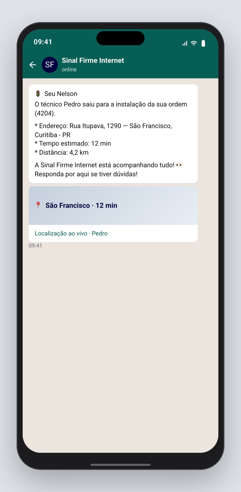 O Seu Nelson recebe no WhatsApp quando o Pedro sai, com o endereço.
